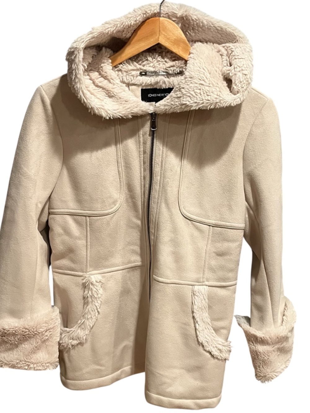 Jones New York Faux Suede And Fur Hooded Jacket Cream Size Small - Picture 7 of 8